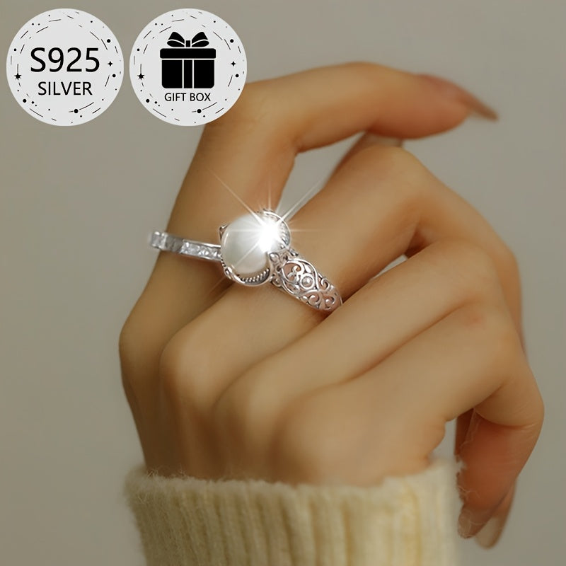 Vintage Silver Ring for Women with Pearl Inlay and Gift Box