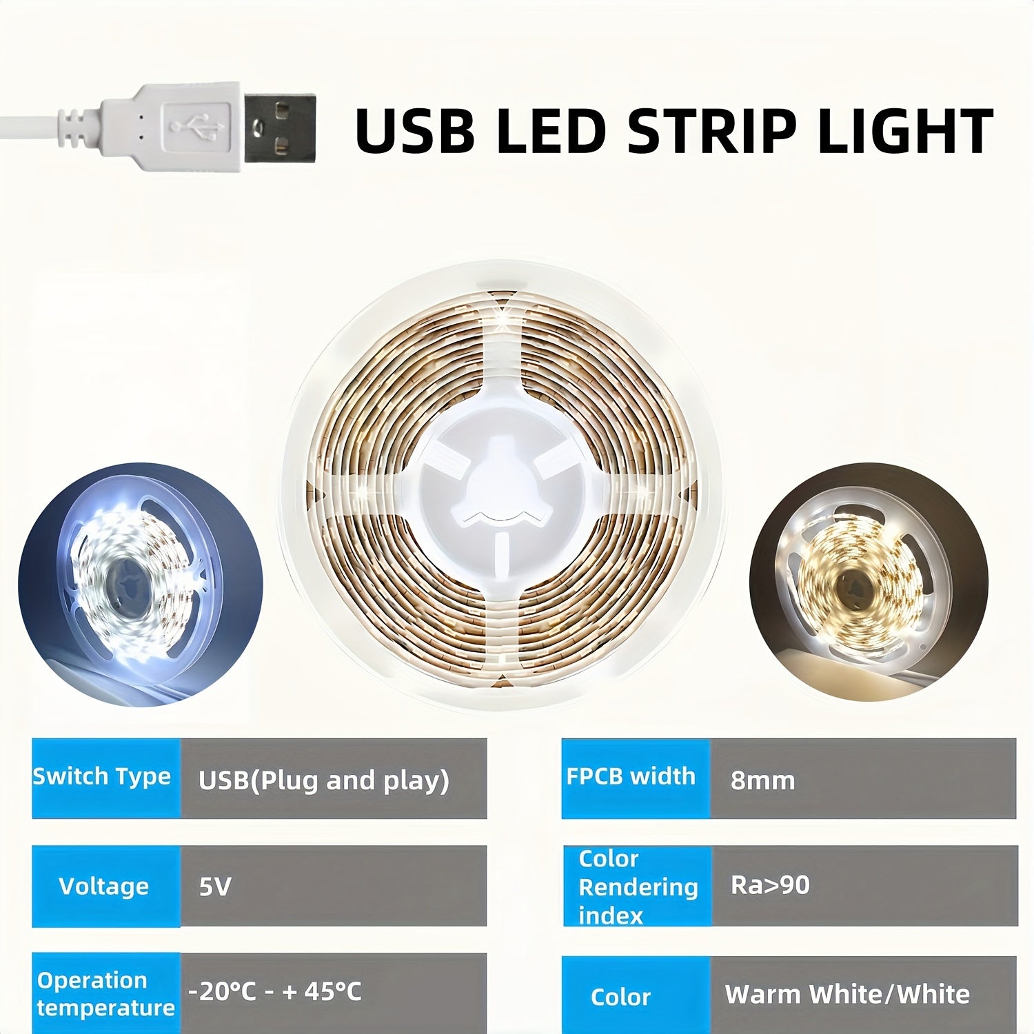Светодиодная лента USB для подсветки телевизора и домашнего декора, гибкая лента (5В) в белом/теплом белом цвете для спальни, шкафа, кухни DIY - можно резать, самоклеящаяся, не требует батареек - длина