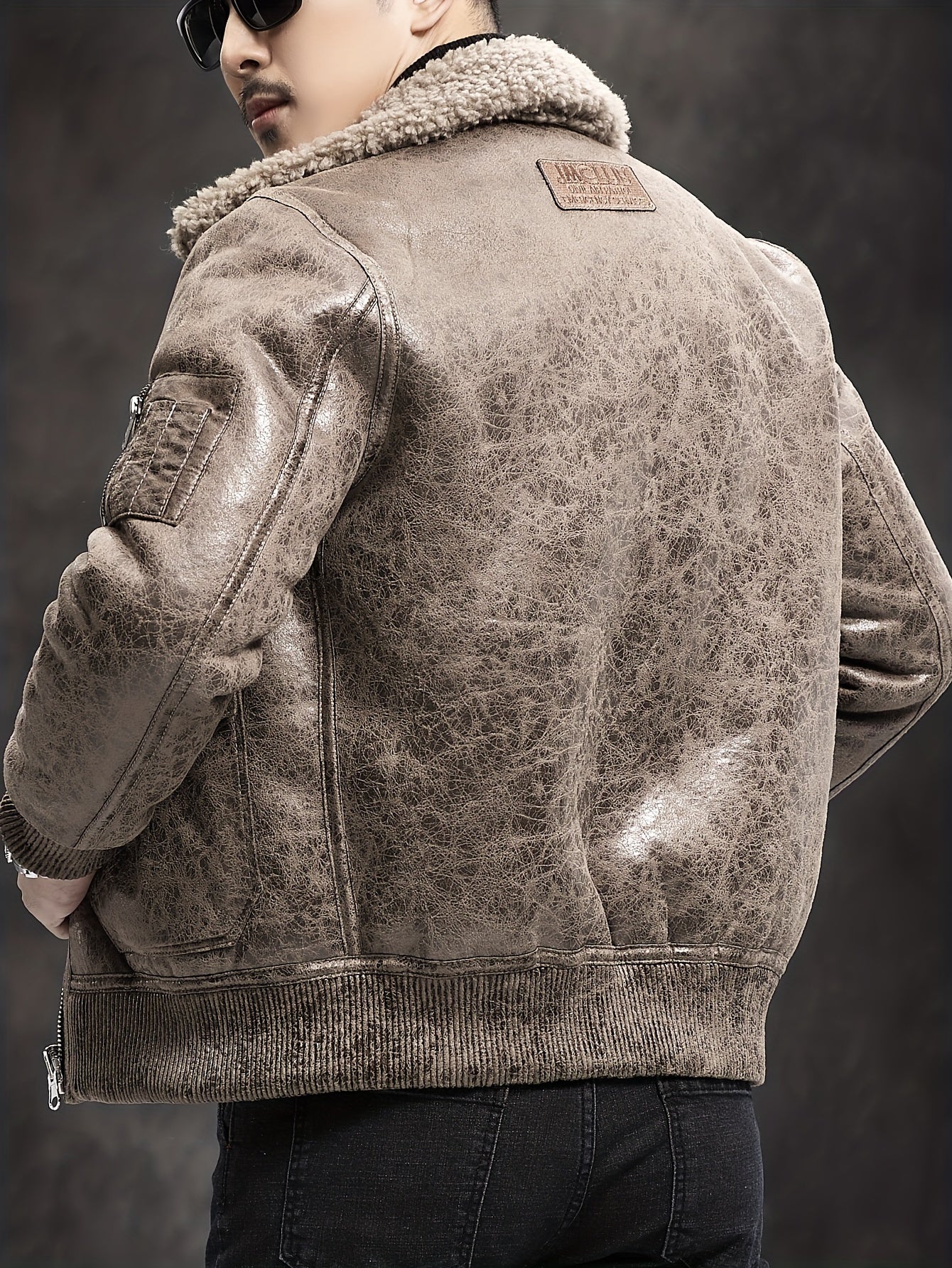 Men's Faux Fur Lined Biker Jacket with Applique Air Force Style Zipper Closure Fall Winter