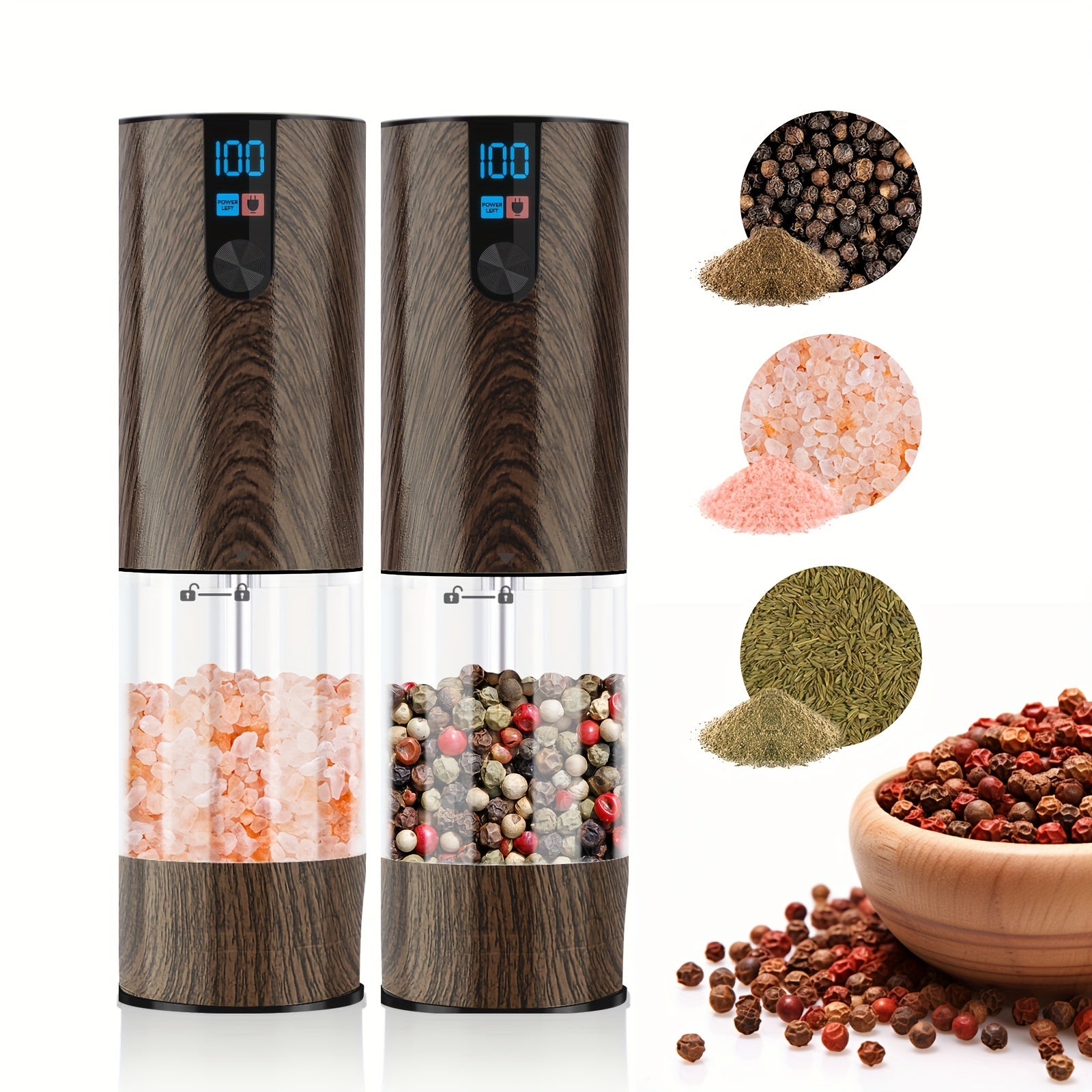 Juego de 2 piezas de molinillos de especias eléctricos con pantalla LCD, recargables por USB, de molienda gruesa/fina, para cocina, restaurante y barbacoa