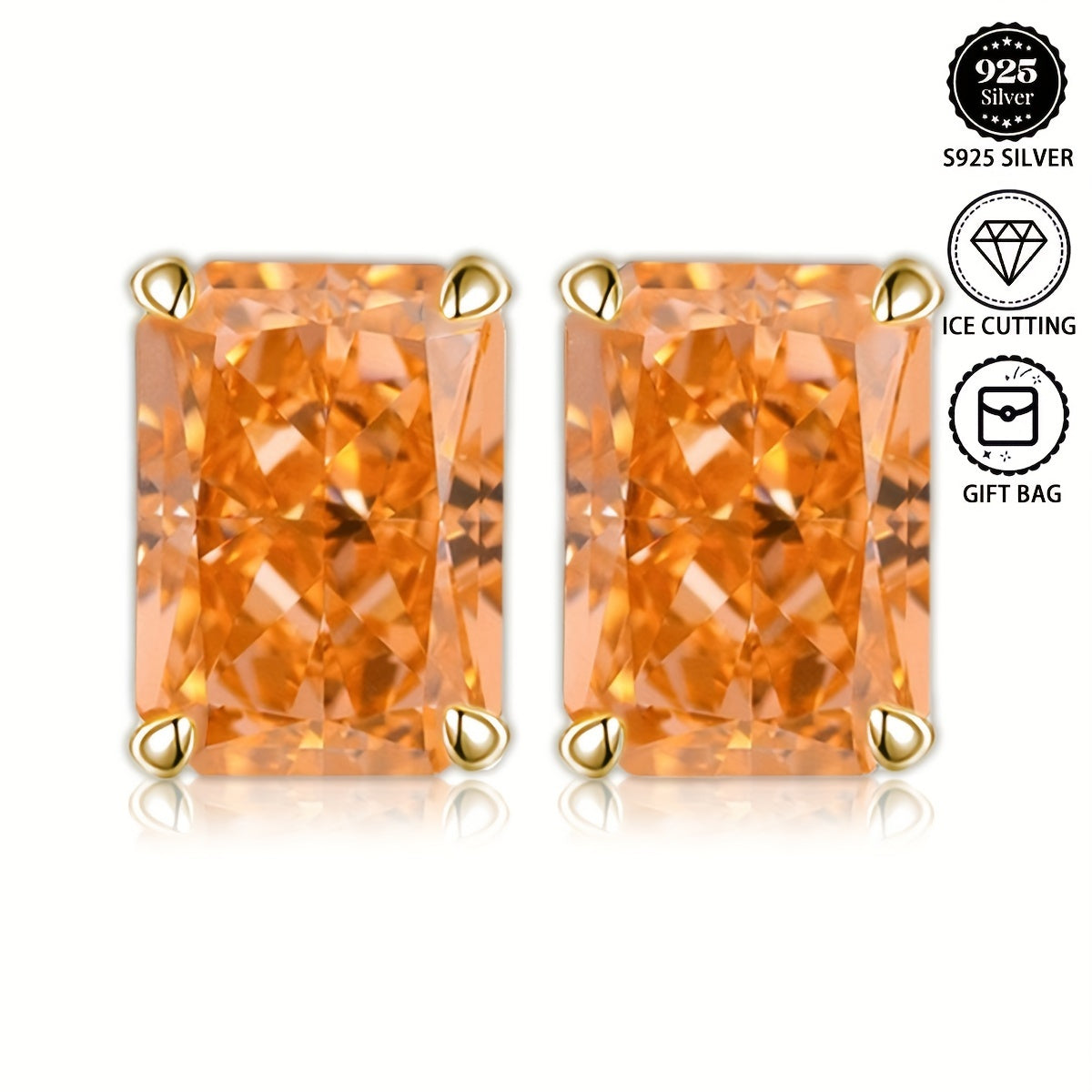 Pendientes de aro de morganita naranja de 8x10mm en plata con zirconia sintética rectangular, joyería