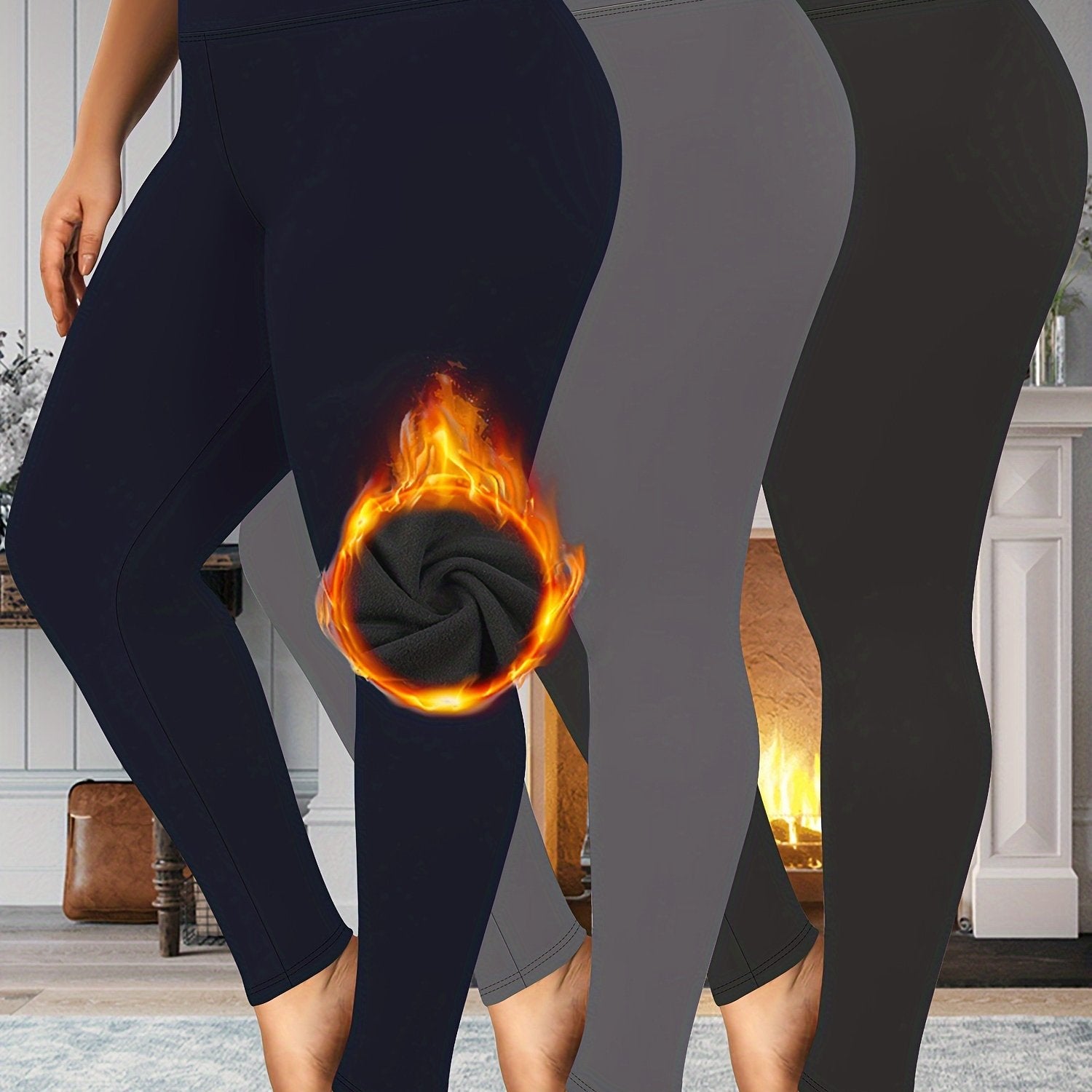 Leggings de talla grande para mujer con cintura alta y forro de felpa para otoño e invierno cálido