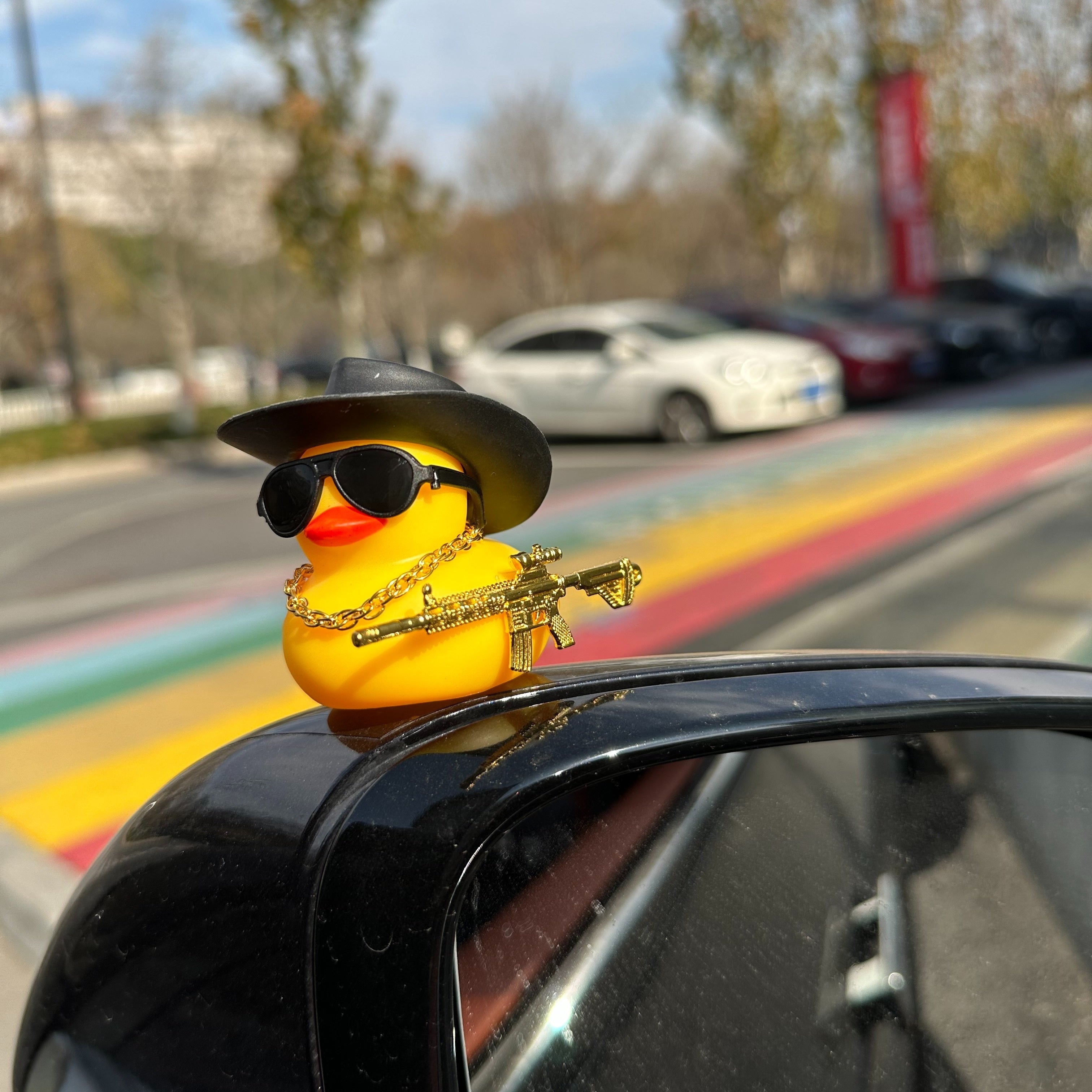 Duck Car Decoration Toy Black Cowboy Hat Dashboard Interior Accessory
