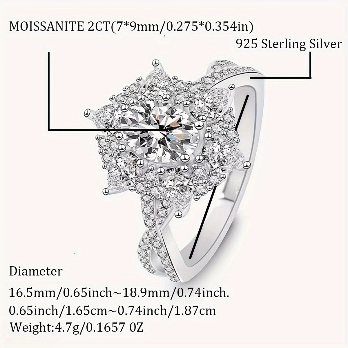 Sterling Silver Halo Ring with 2ct Oval Moissanite Crossover Design for Women