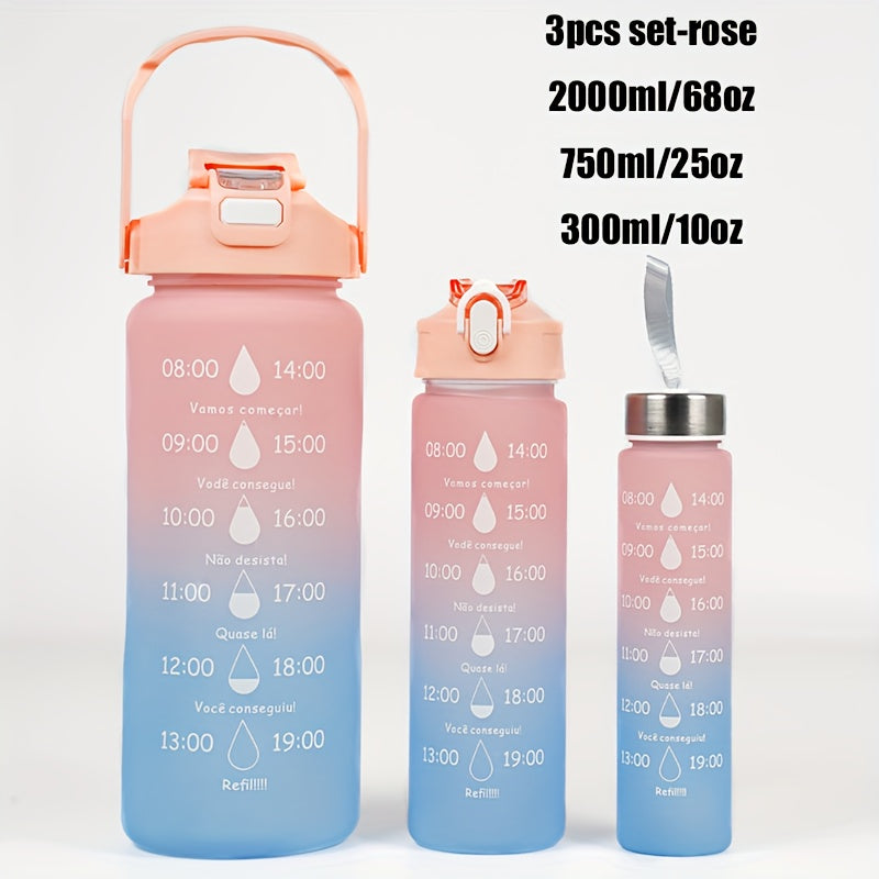 Set of 3 Sports Water Bottles with Time Marker Leakproof One-Click Open Lid for Fitness and Outdoor Activities