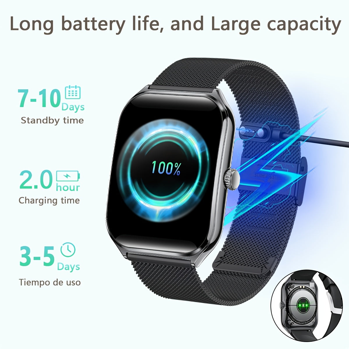 Ultra-Thin Smartwatch with Full Touch Display Dual Screen USB Charging Stainless Steel Case Fitness Tracking Calls Messages Music Control for Android iPhone