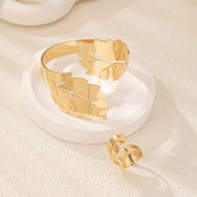 Women’s Leaf-Shaped Alloy Bangle and Ring Set for Everyday or Special Occasions