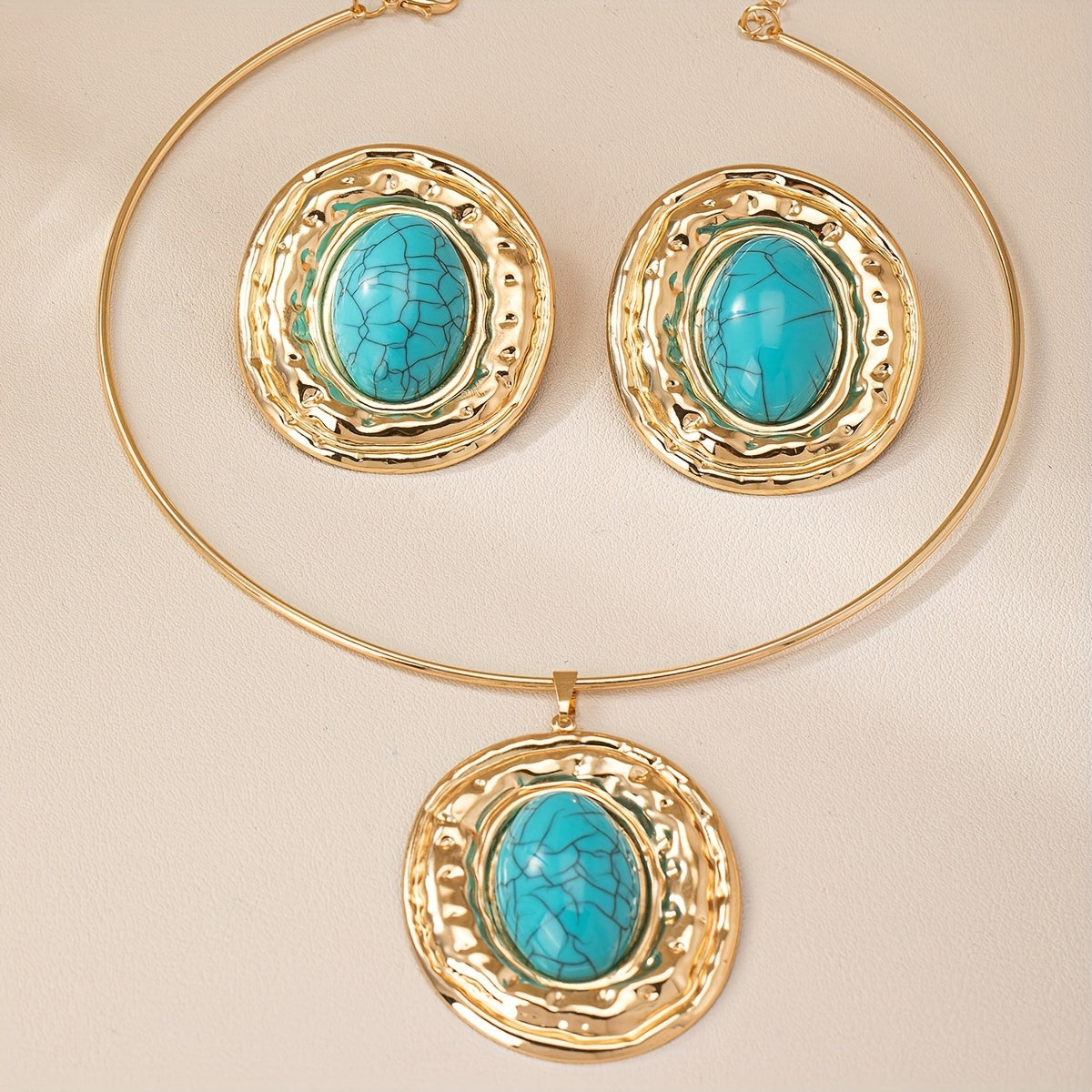 Bohemian Metal Oval Blue Turquoise Jewelry Set with Collar and Earrings for Women