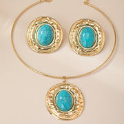 Bohemian Metal Oval Blue Turquoise Jewelry Set with Collar and Earrings for Women