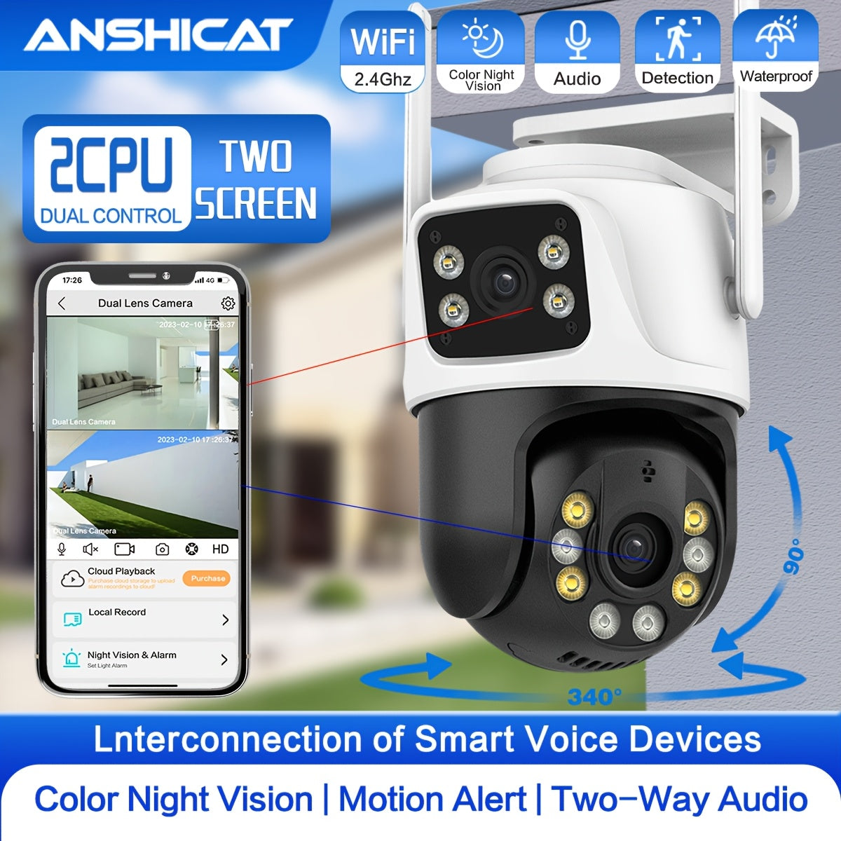 4K Ikki linzali WiFi xavfsizlik kamerası, kechqurun ko‘rish, harakatni aniqlash va ikki tomonlama audio bilan