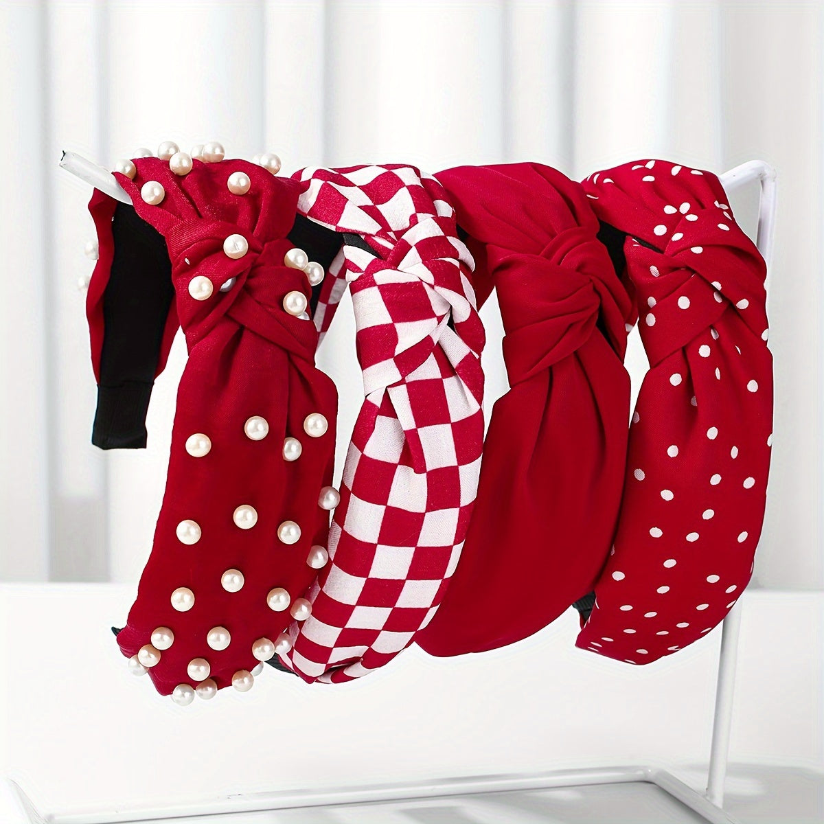 Set of 4 Women's Fabric Floral and Polka Dot Knotted Headbands with Faux Pearl Details