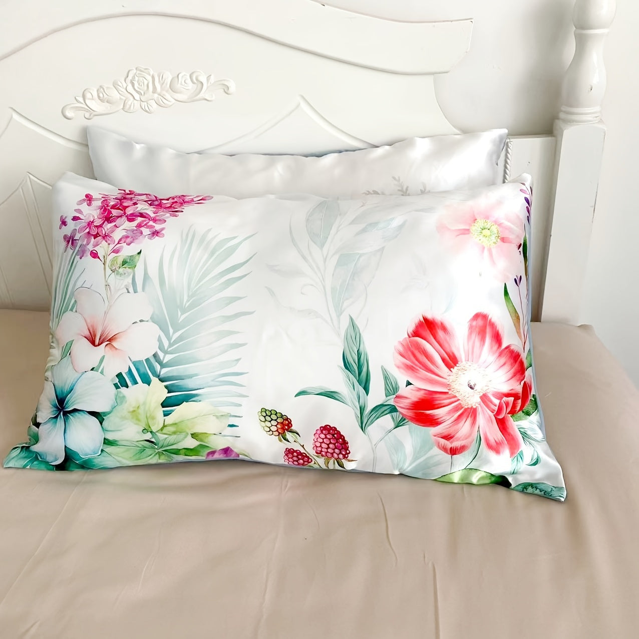 Set of 2 Satin Pillowcases with Floral Bird Patterns Reversible Envelope Closure
