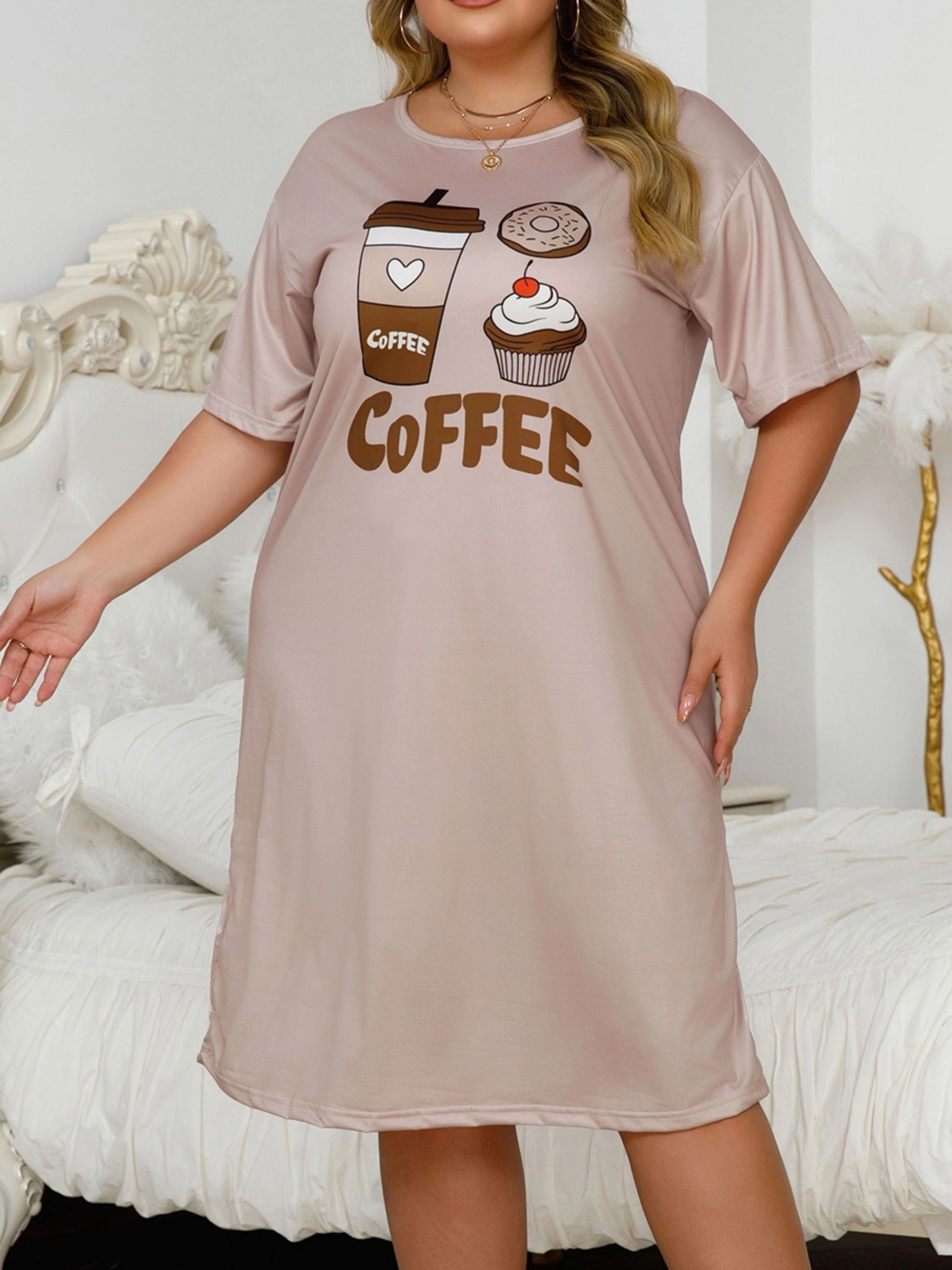 Women's Plus Size Coffee Cup Heart Print Sleep Dress Soft Short Sleeve Lounge Wear