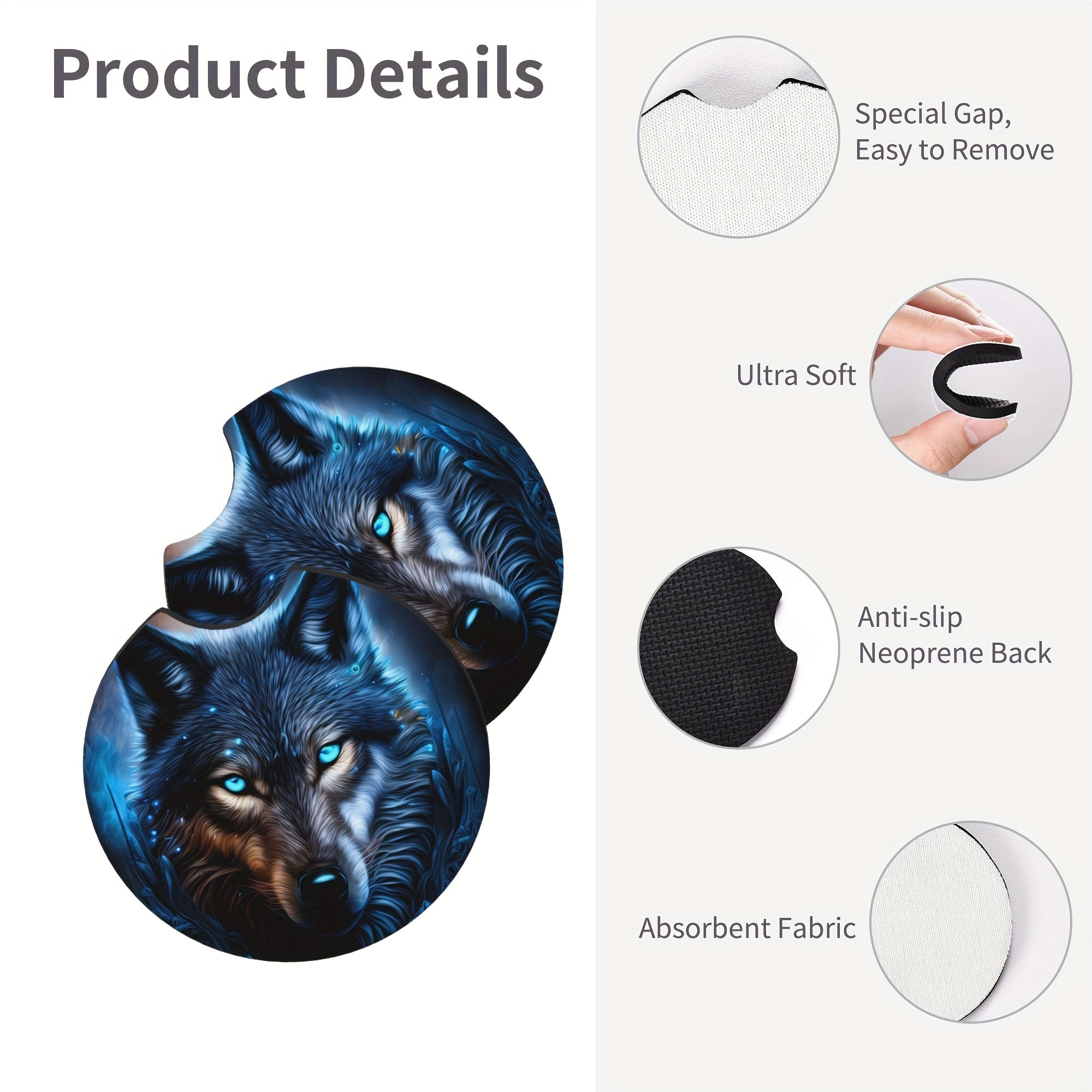 2pcs Blue Flame Wolf Pattern Absorbent Car Cup Holder Coasters Non-slip Rubber