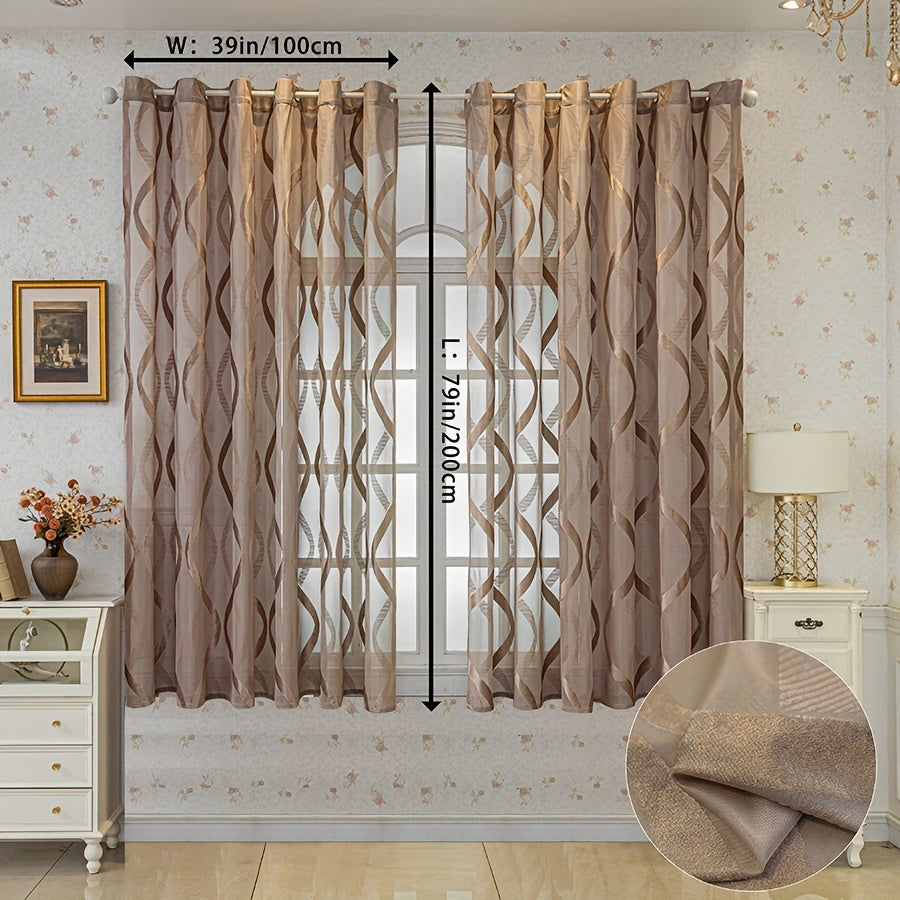European Coffee Ribbon Curtains Set of 2 Modern Sheer Drapes Grommet Top UV Protection