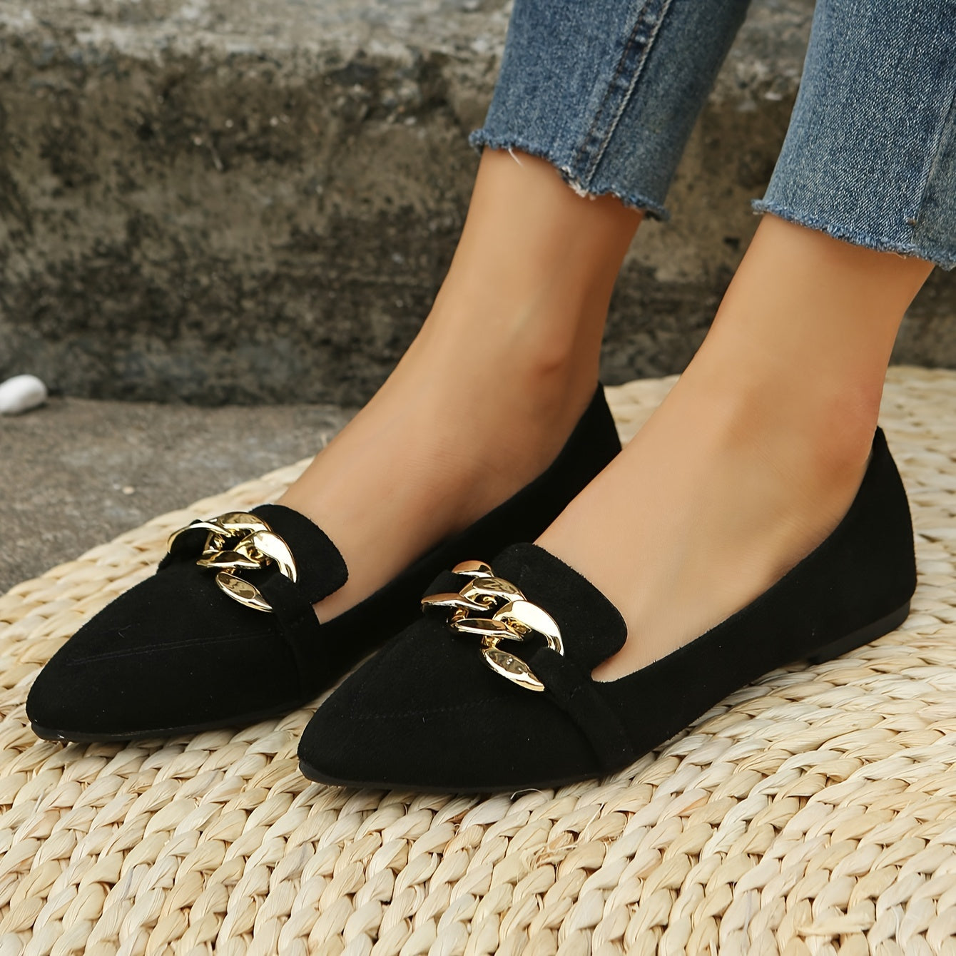 Women's Faux Leather Slip-On Flats with Black Metal Chain Pointed Toe