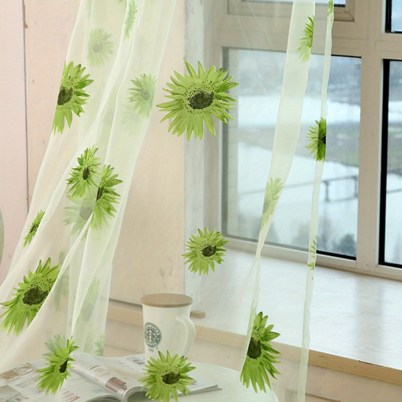 Sunflower Printed Sheer Curtain with Flower Design for Bedroom Living Room Office