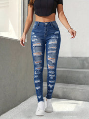 Plus Size Skinny Ripped Jeans Womens Solid Button Fly Fringe Trim