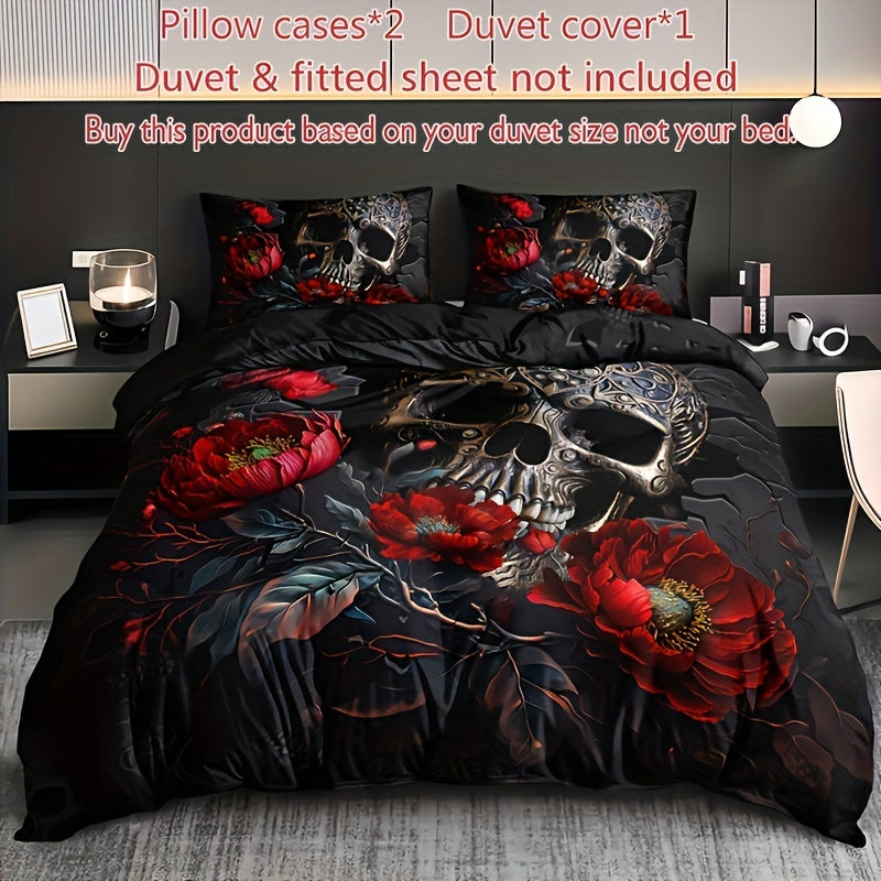 Gothic Skull Floral Duvet Cover Set 3 Pieces Breathable Bedding for Home and Dorm
