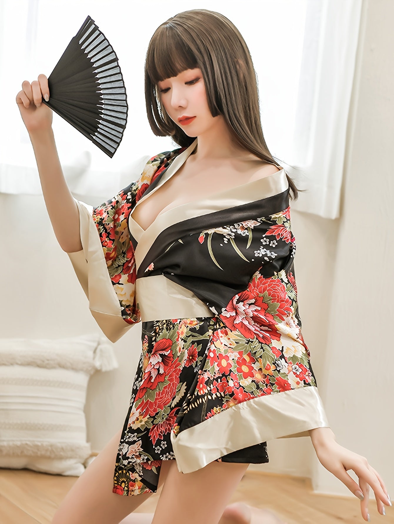 Women's Floral Print Kimono Lingerie Set with Bow Belt and Thong