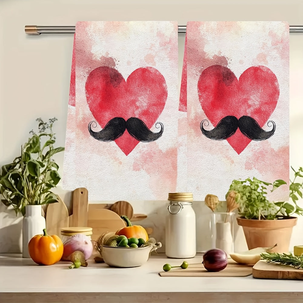 Set of 2 Soft Kitchen Towels with Heart and Mustache Design, 40x60 cm