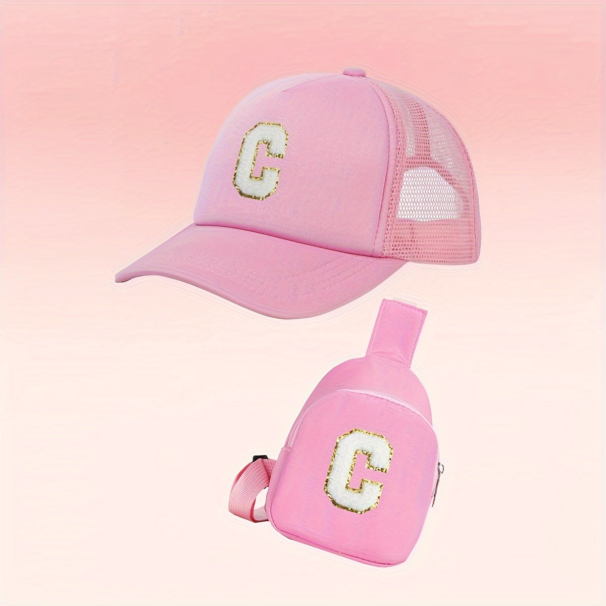 Girls Alphabet-Themed 2-Piece Baseball Cap and Bag Set Polyester Breathable Fitted for Ages 3-14