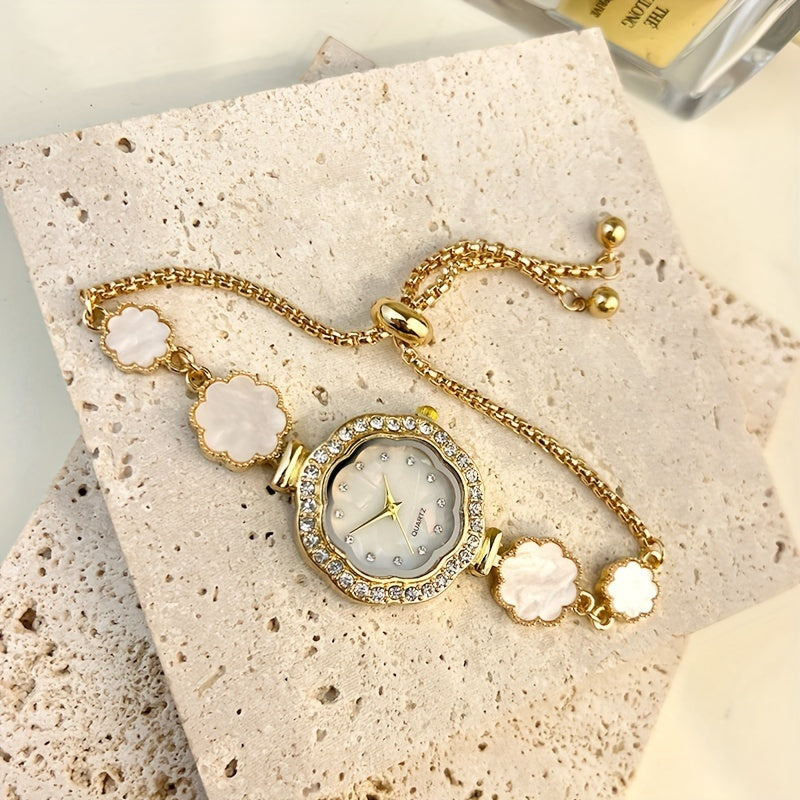 Minimalist Flower Bracelet Watch for Women Silver Tone Jewelry Gift