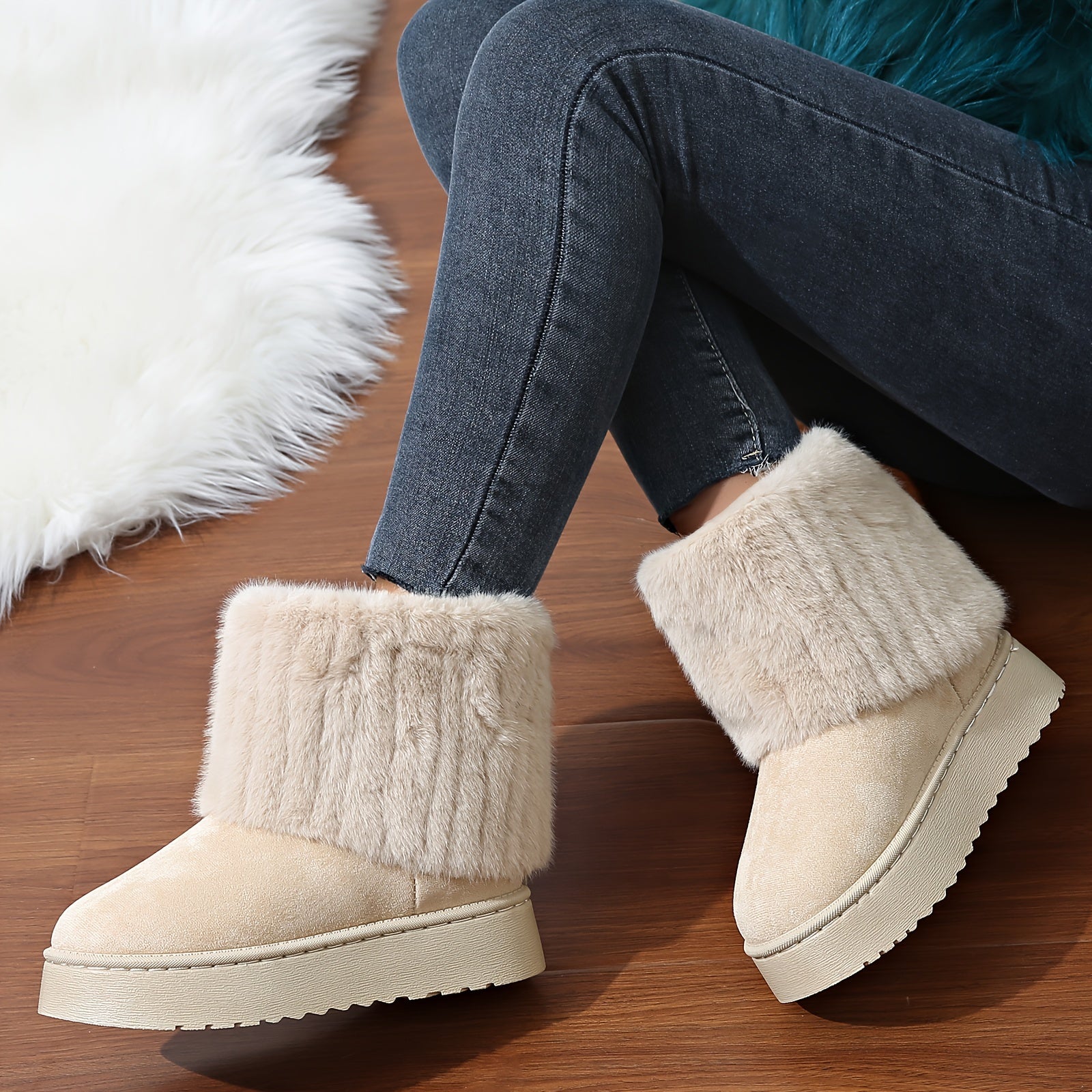 Women's Fluffy Winter Boots Platform Plush Lined Warm Snow Non-slip