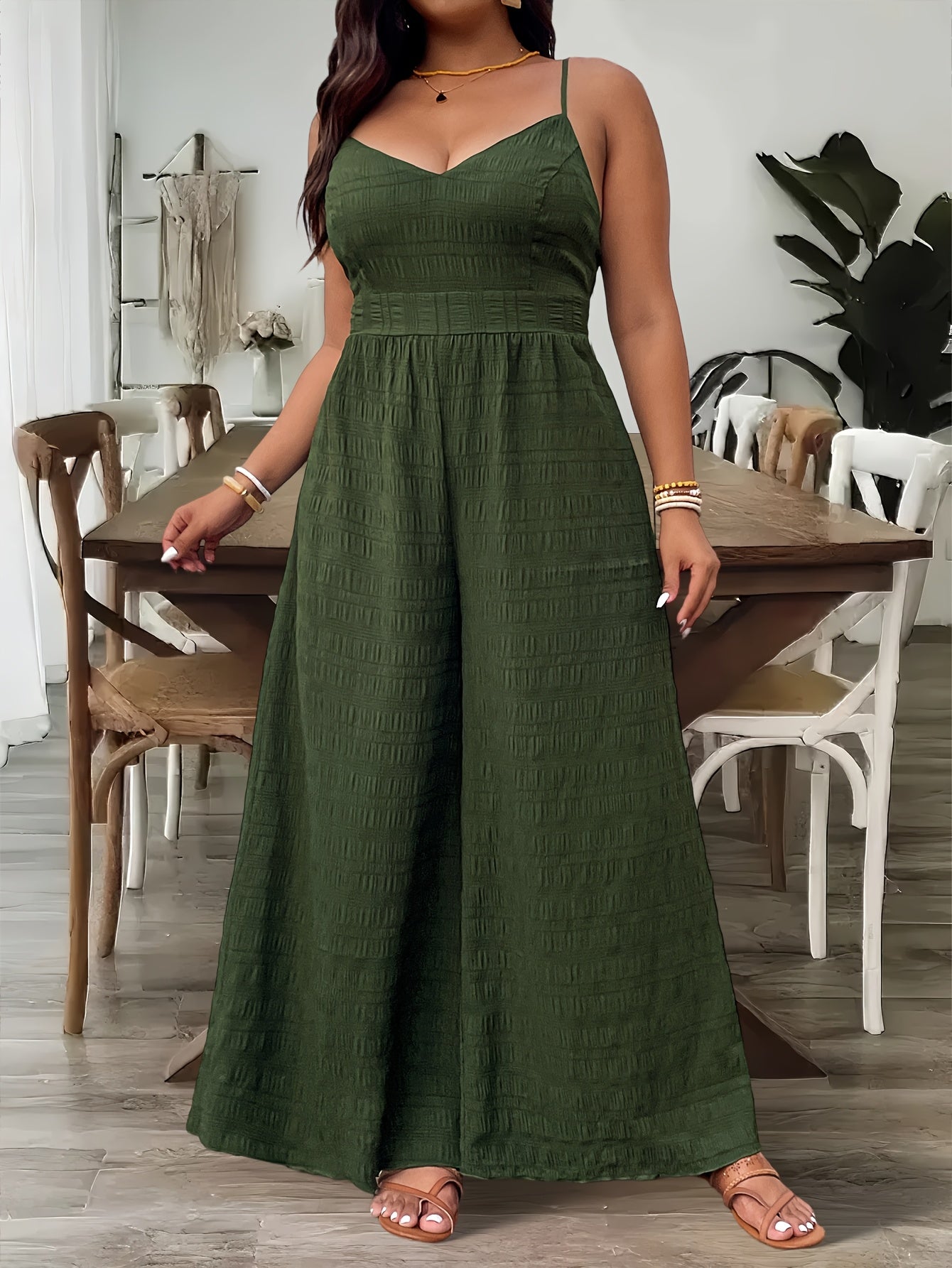 Mono de mujer verde de poliéster con escote en V y pantalones anchos