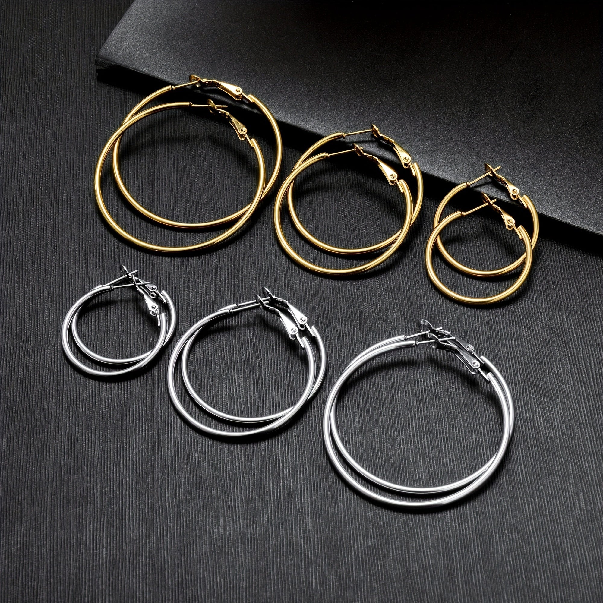 Set of Two Hypoallergenic Stainless Steel Hoop Earrings for Women in Gold and Silver Tones 30mm 40mm 50mm