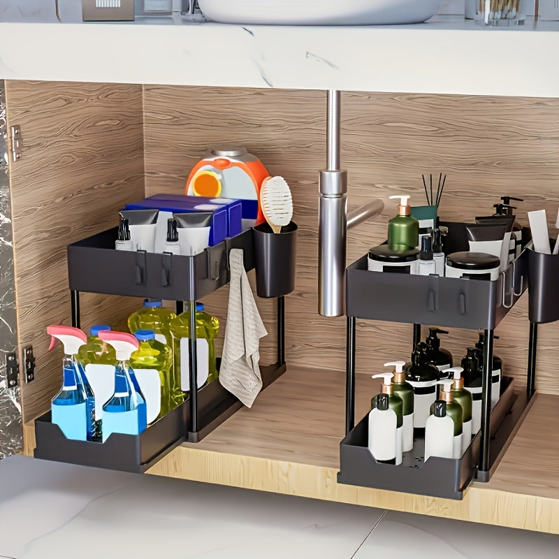 Прочный двухуровневый выдвижной органайзер под раковиной с крючками, пластиковое решение для хранения