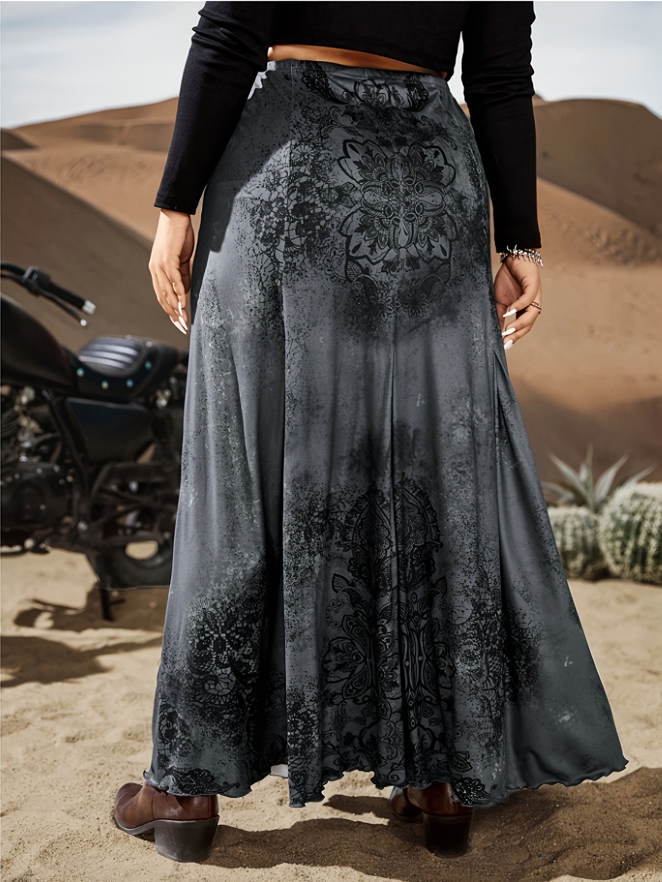 Women Plus Size Bohemian Midi Skirt Floral High-Waisted Heathered Gray