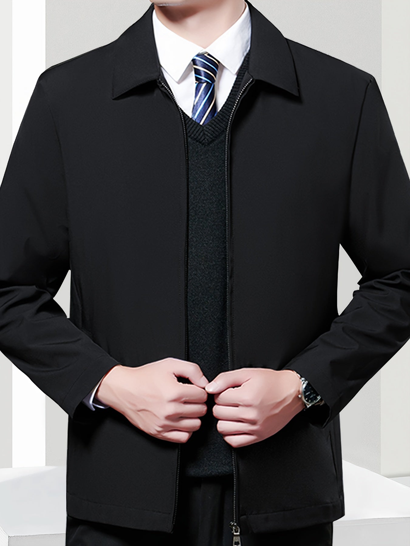 Мужская однотонная полиэстеровая куртка классического кроя с длинными рукавами, лацканами, молнией, повседневная, для всех сезонов