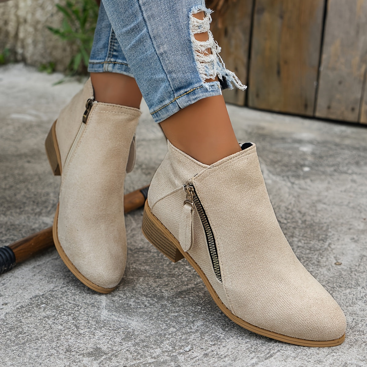 Women's Fashion Ankle Boots Solid Color Mid Heel Casual Slip-Ons
