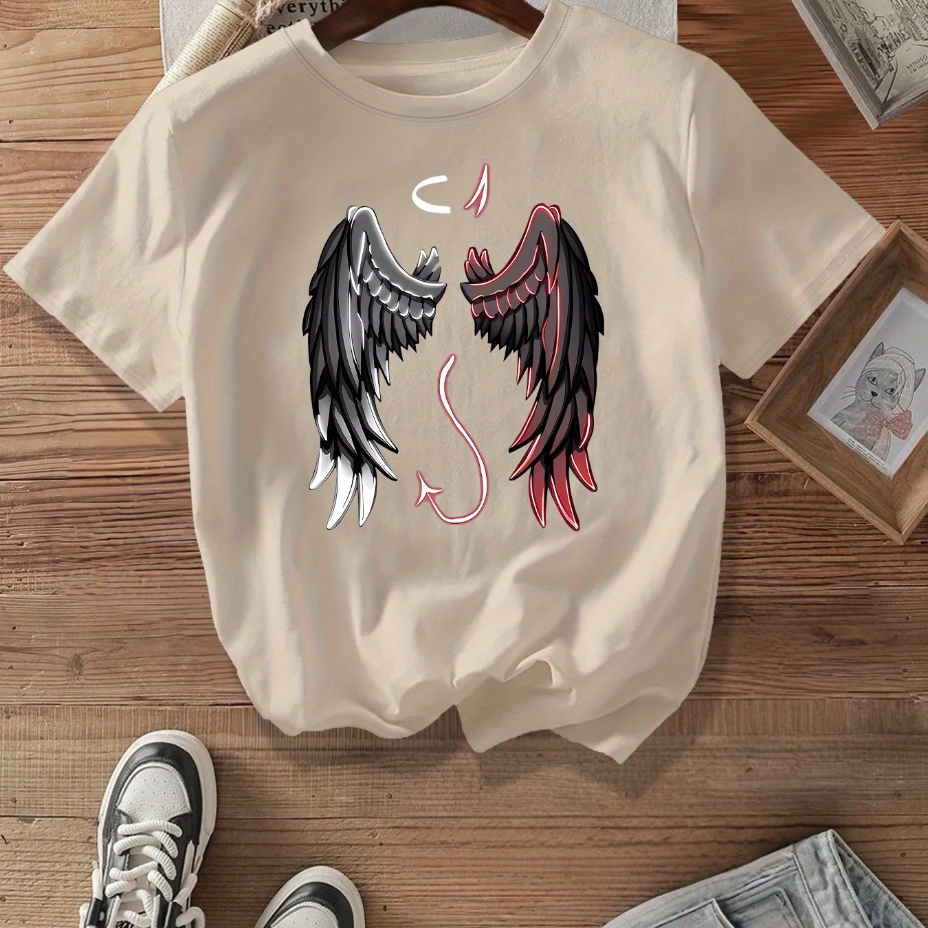 Plus Size Women's Angel & Devil Wings Graphic Print T-Shirt Black Pink Casual Cotton Short Sleeve