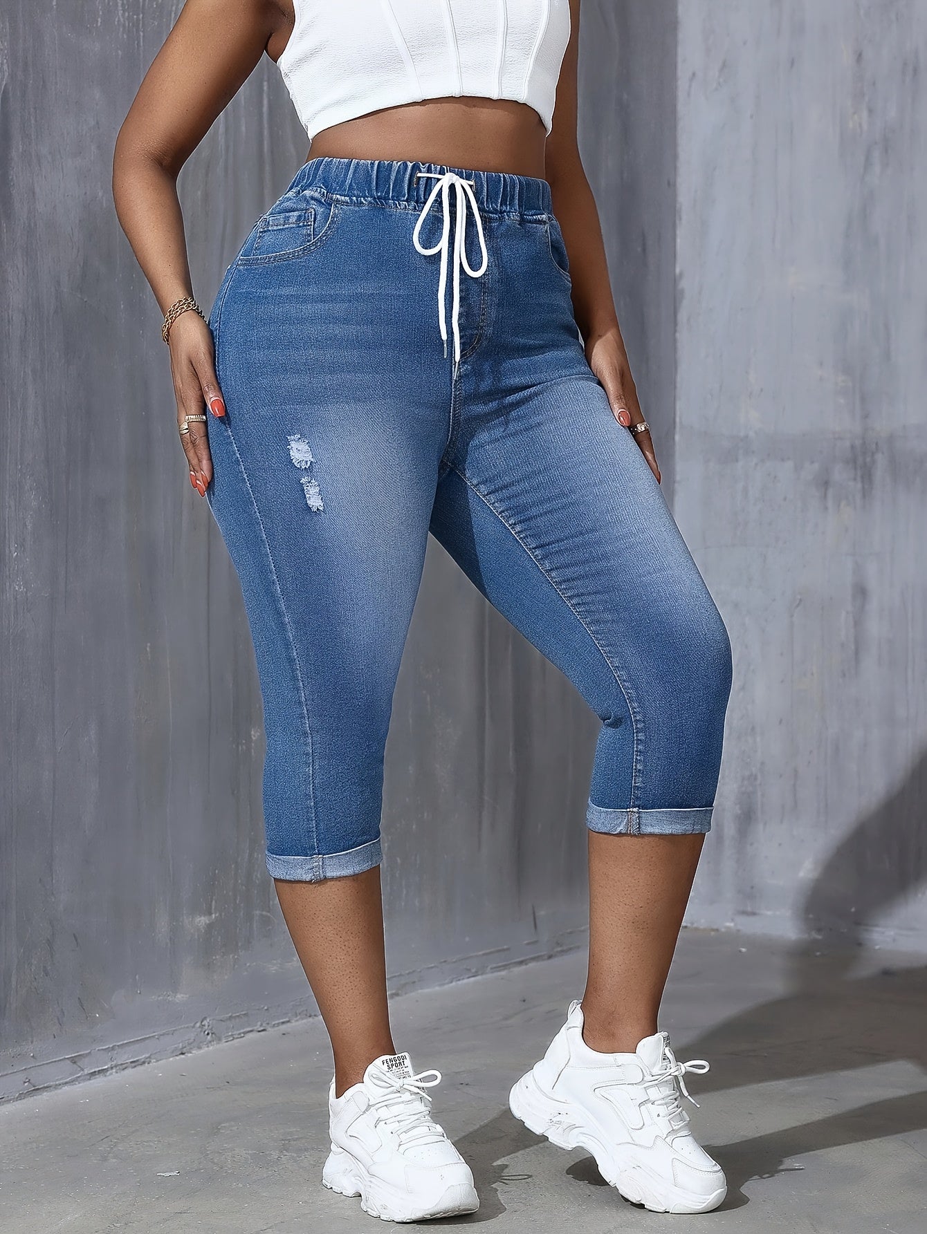 Women Plus Size Stretch Denim Capris with Drawstring Waist Light Blue