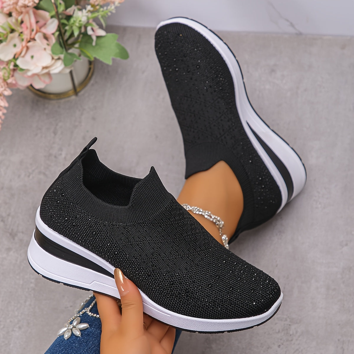 Women's Slip-On Sneakers Black with Platform Sole Cushioned Insole