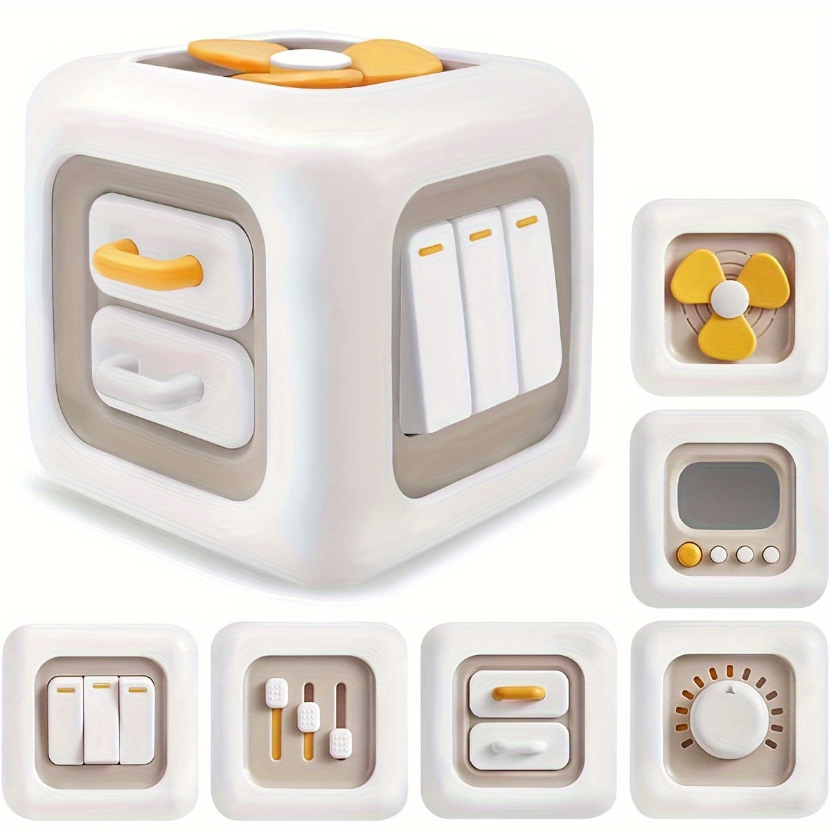 Children's Educational Toy 6-in-1 Busy Board for Early Learning and Fine Motor Skills White Yellow