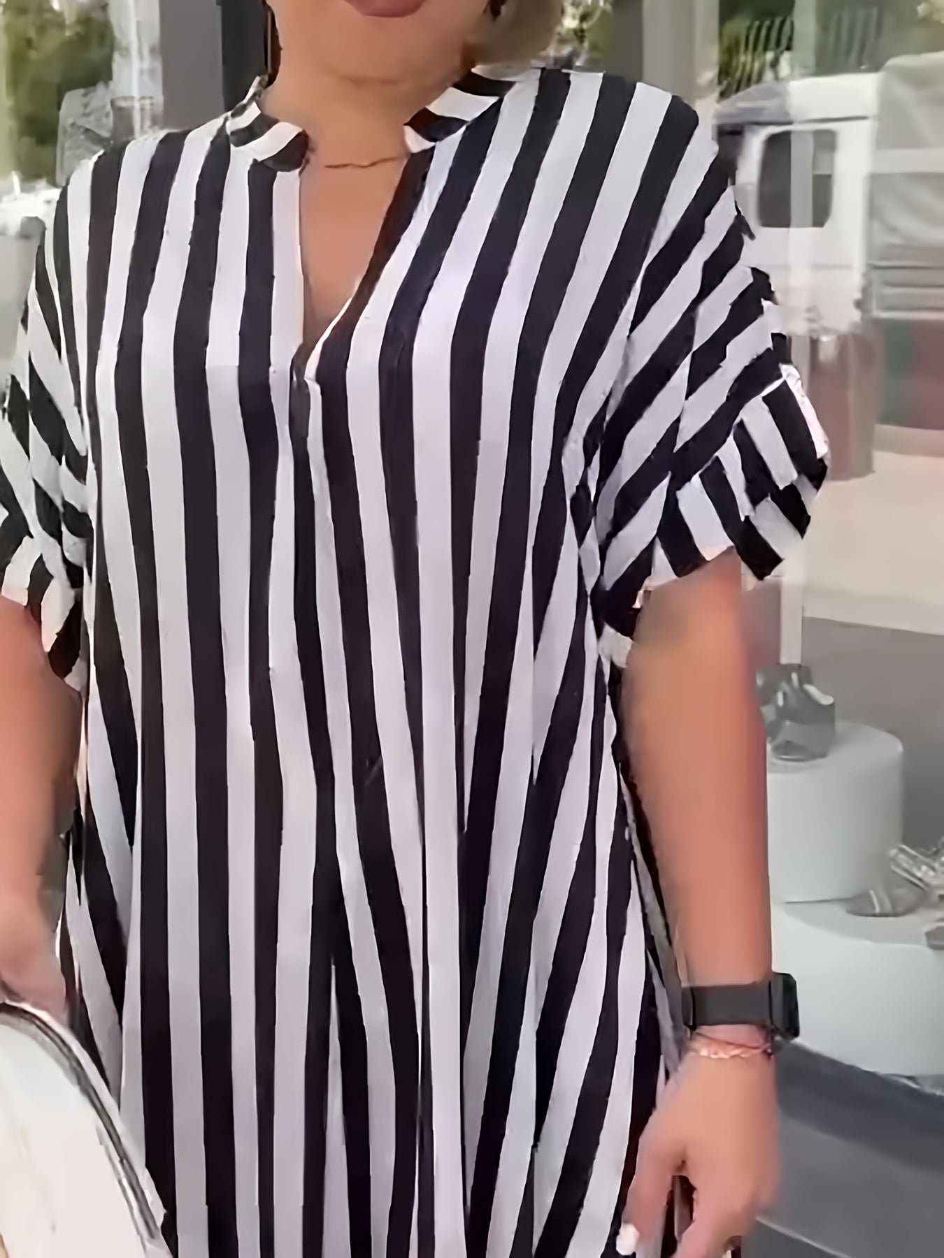 Plus Size Striped Longline Dress with Short Sleeves Notched Neck for Spring Summer Women