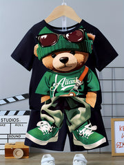 Boys' Summer Cartoon Bear Outfit Crew Neck T-Shirt and Knit Shorts Regular Fit