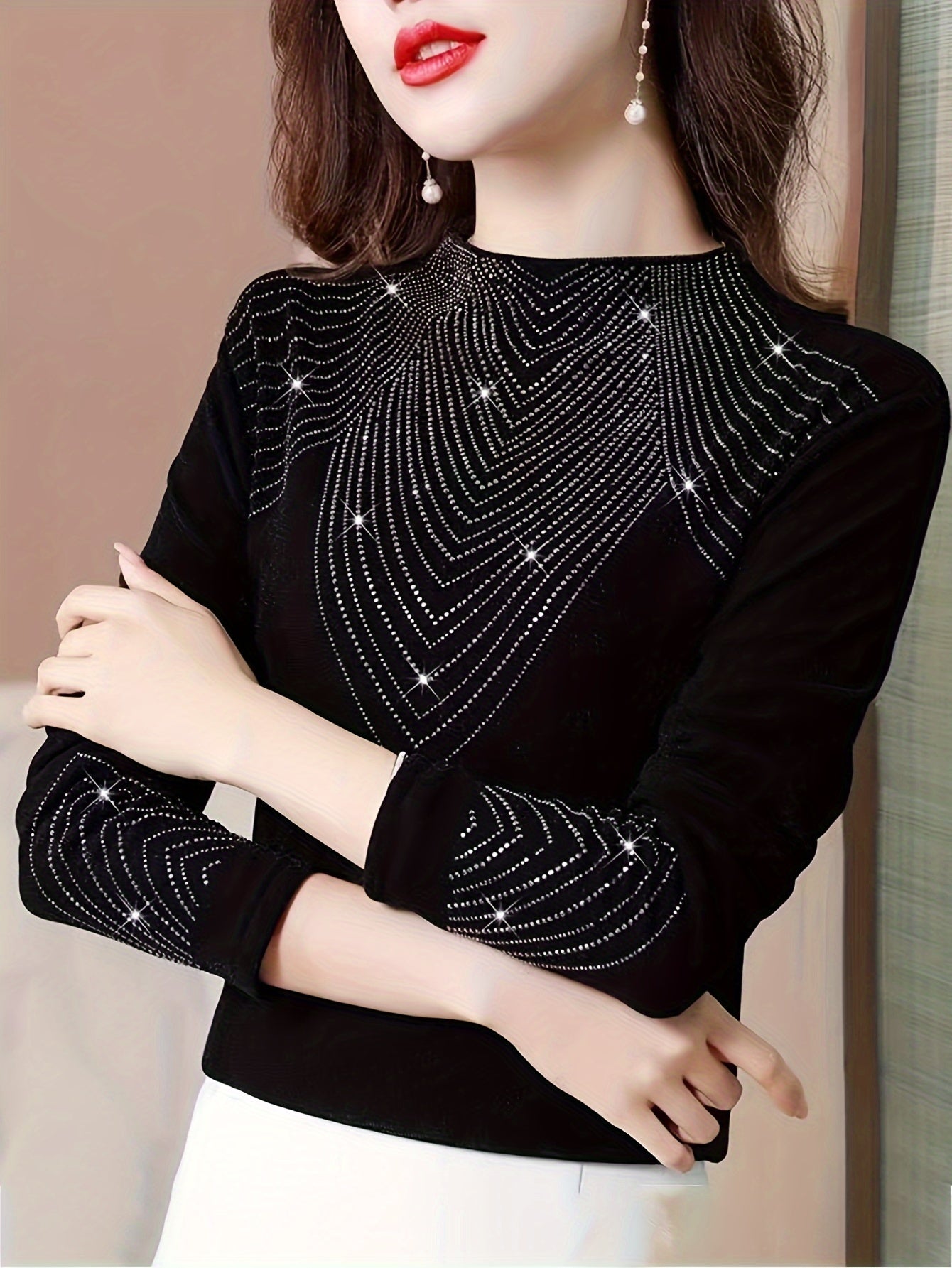 Women's Sweater with Rhinestone Decoration Long Sleeve Fall Winter Cozy Slim Fit