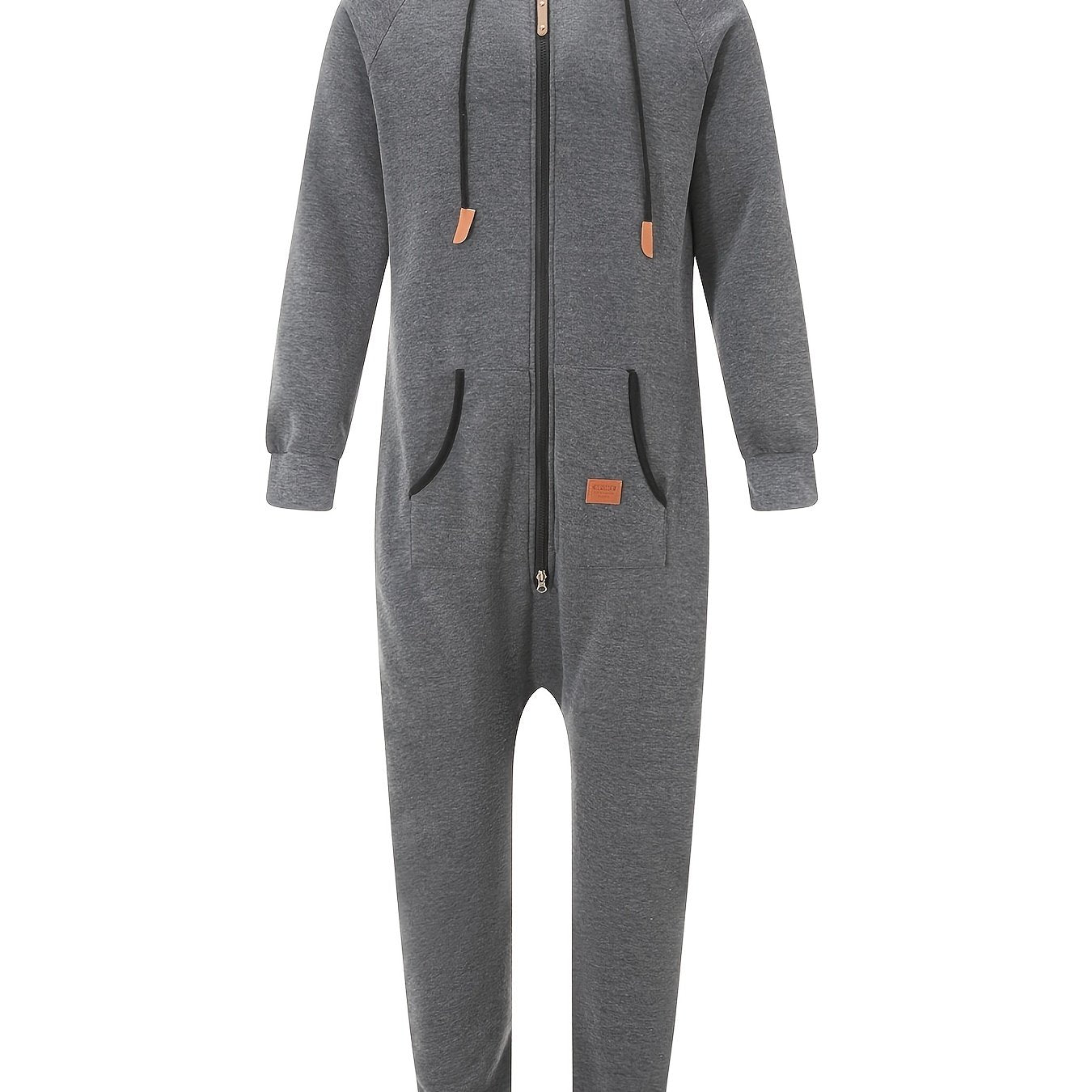 Men's Winter Pajama Jumpsuit Solid Long Sleeve Knit Polyester Hooded Pockets Comfortable Lounge Wear