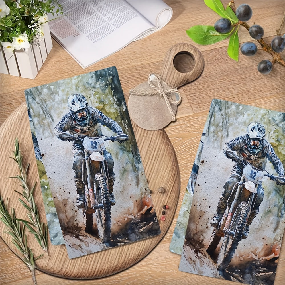 Set of 2 Ultra Soft Kitchen Towels Enduro Bike Rider Design 40x60cm Absorbent