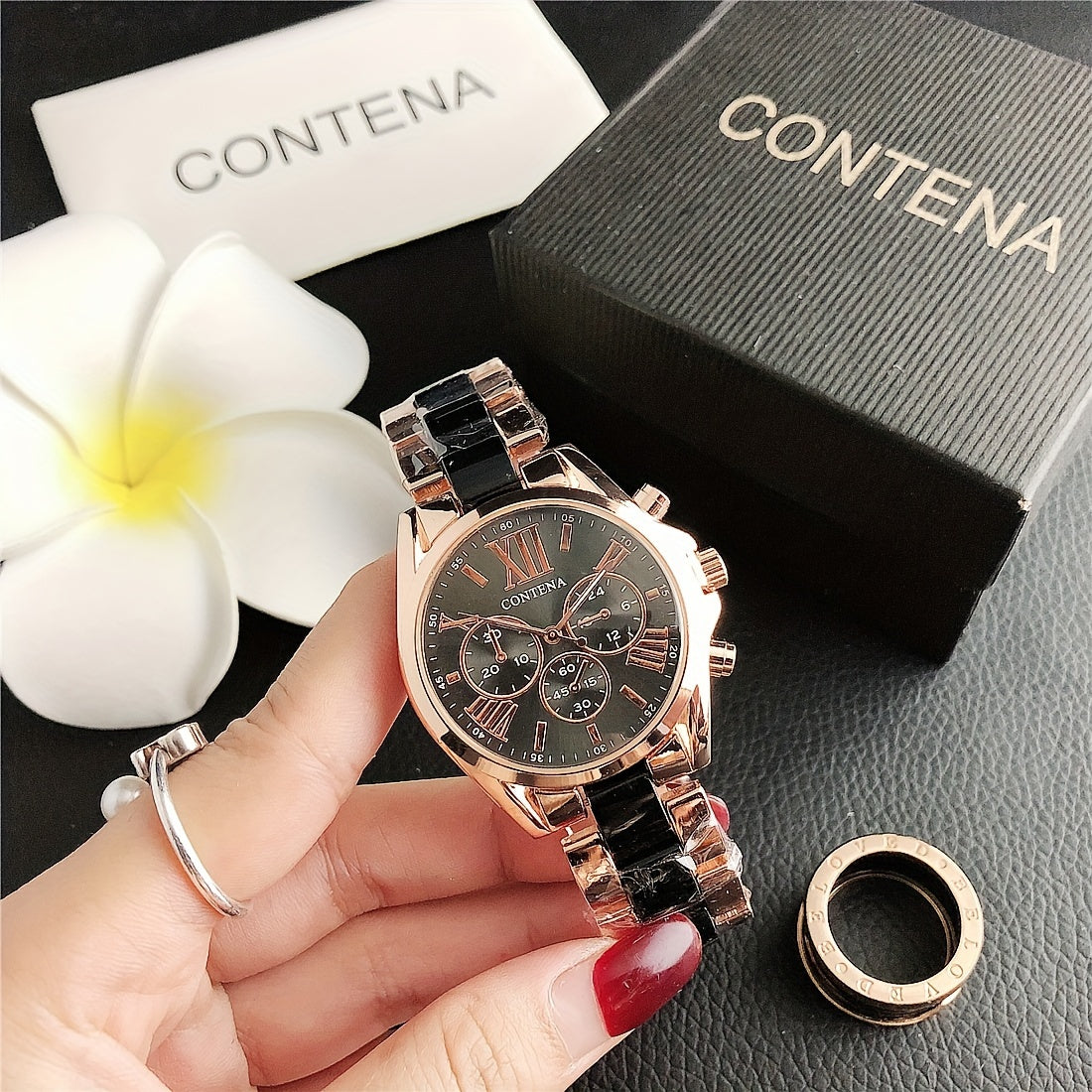 Reloj de mujer en oro rosa con cuarzo, fases lunares y calendario, pulsera de acero inoxidable