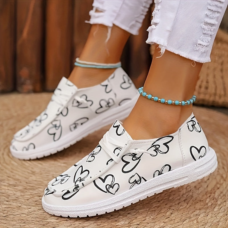 Women's Fabric Casual Sneakers Black and White Heart Pattern