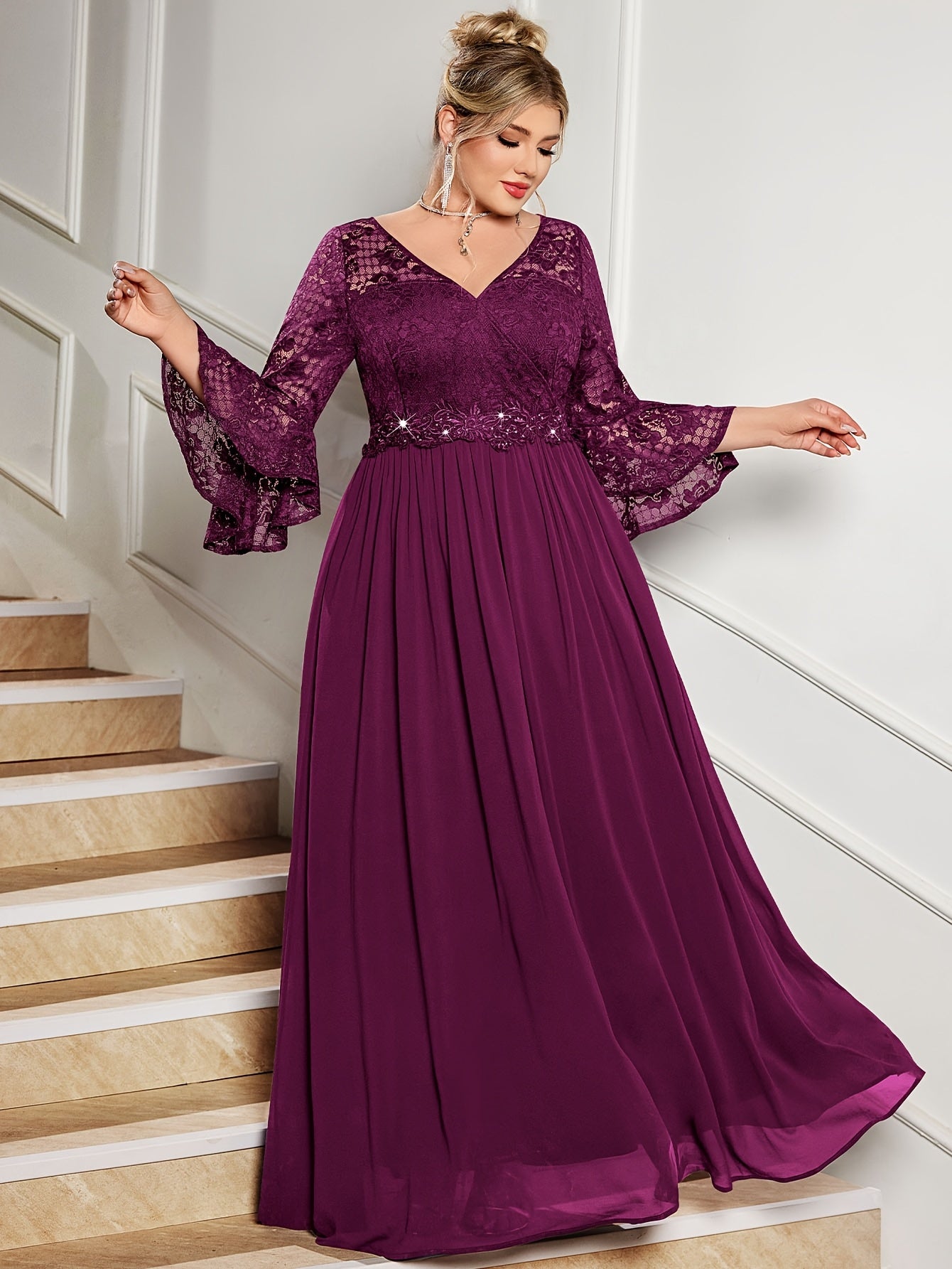 Plus Size Lace V-Neck Gown with Bell Sleeves and Pleated Skirt for Formal Events
