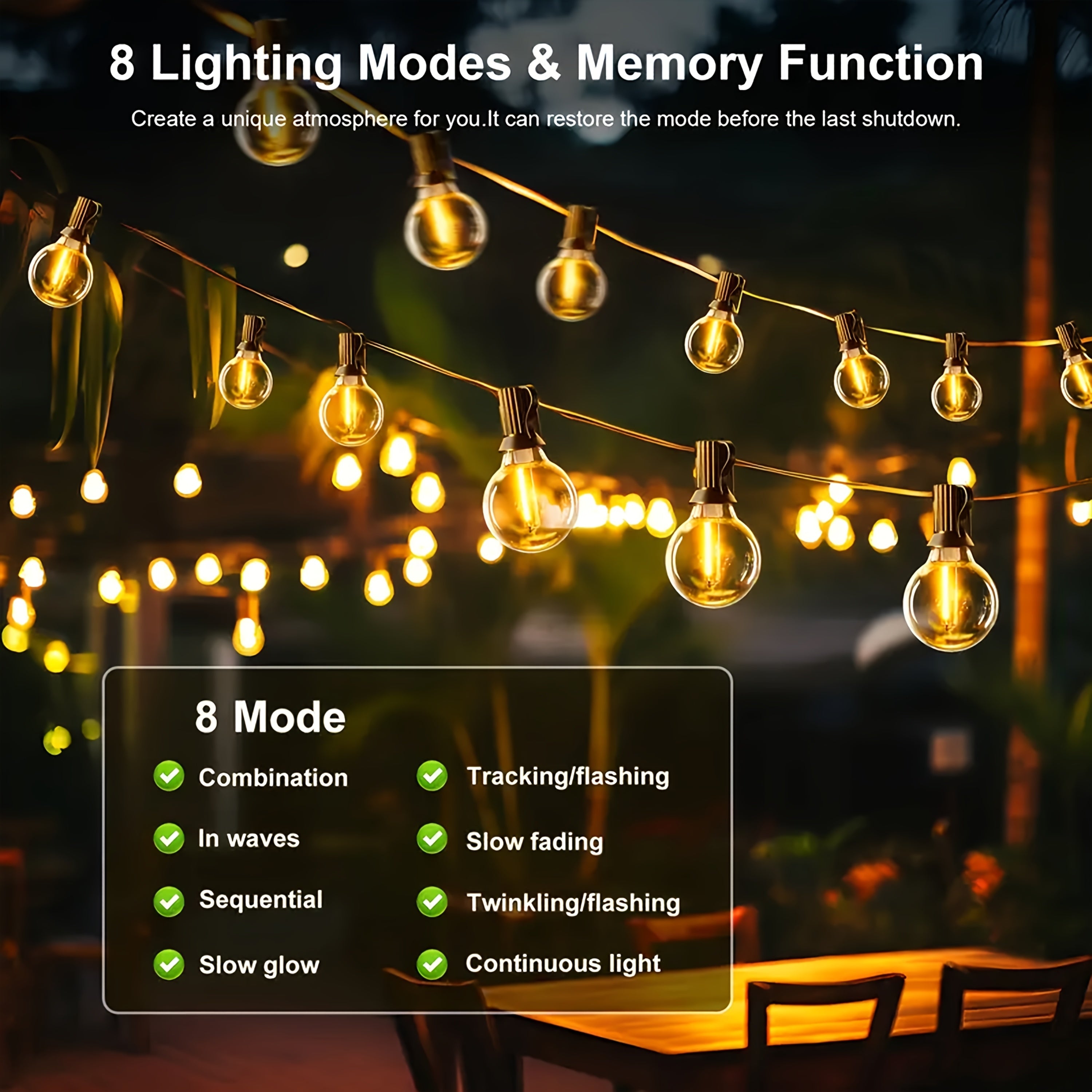 Remote bilan Solar G40 String Lights, LED Globe Patio Lights, Shatterproof Bulbs, Bir nechta yoritish rejimlari, Remote boshqaruv, Partiyalar uchun Dimmable Osilgan Chiroqlar, Tashqarida ishlash uchun Quyosh energiyali