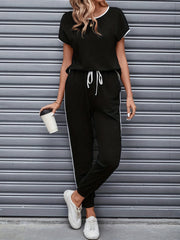 Conjunto casual de punto para mujer con camiseta de manga corta de cuello redondo y pantalones jogger