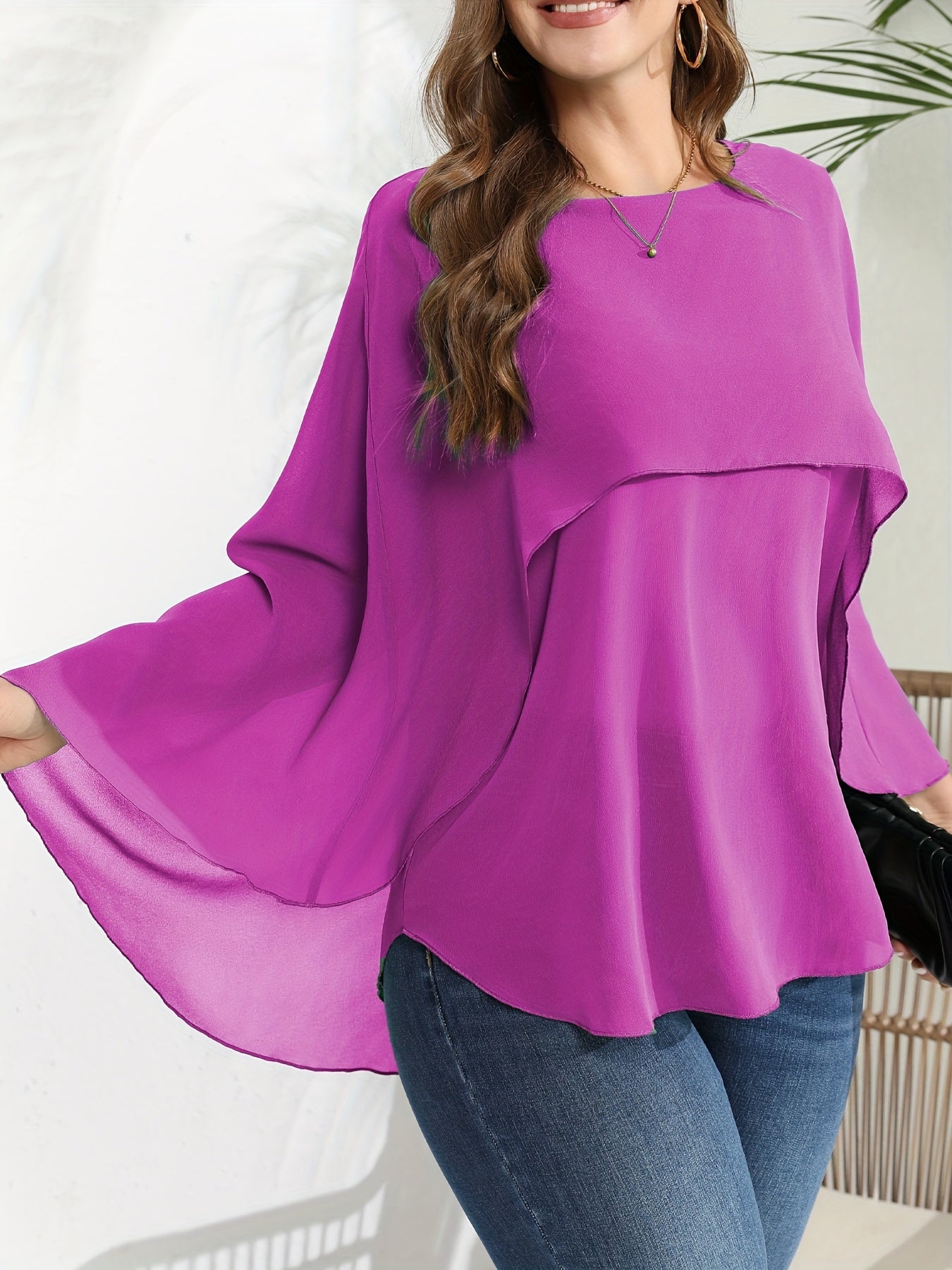 Plus Size Women's Polyester Crew Neck Blouse Solid Color Woven Shirt