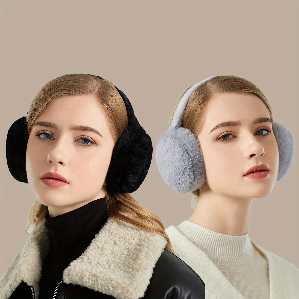 Set of 2 Women's Foldable Earmuffs in Solid Colors, Plush Warmth, Portable